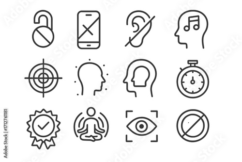 Focus Icons Collection. Line style icons of focus and concentration: do not disturb sign, phone off icon, noise blocker icon,