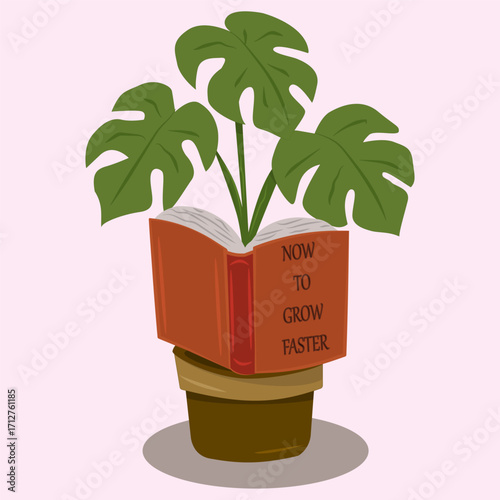 A pot of monstera "reads" the book "How to grow faster". Perfect for plant and reading fans.