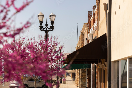 Antique wrought iron street lights decorate historic downtown Selma, California, USA.
