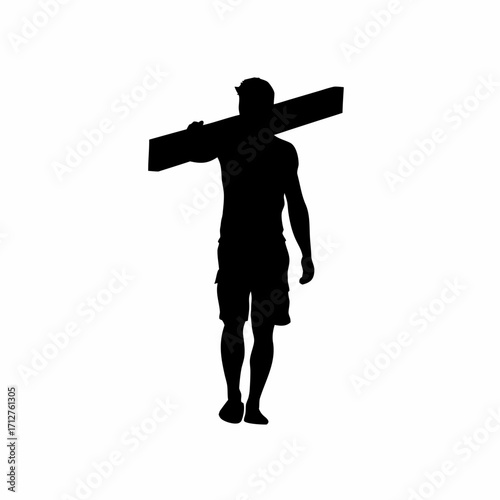 Silhouette of construction worker balancing roofing sheet on shoulder isolated on white background