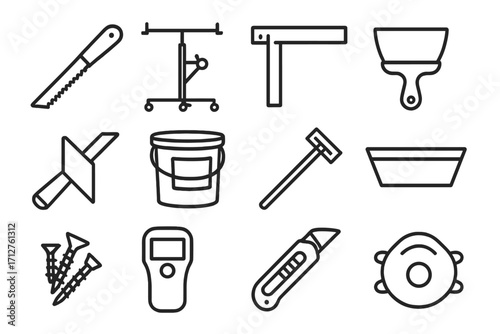 Drywall Tools Icons. Line style icons of drywall installation tools: drywall saw, drywall lift, T-square icon, taping knife,