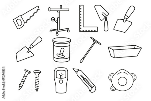 Drywall Tools Icons. Line style icons of drywall installation tools: drywall saw, drywall lift, T-square icon, taping knife,