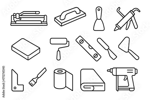Interior Finishing Tools. Line style icons of interior finishing tools: tile cutter, grout float, putty knife, caulking gun,