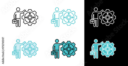 Business management person with gear icon for process and strategy in line and fill style