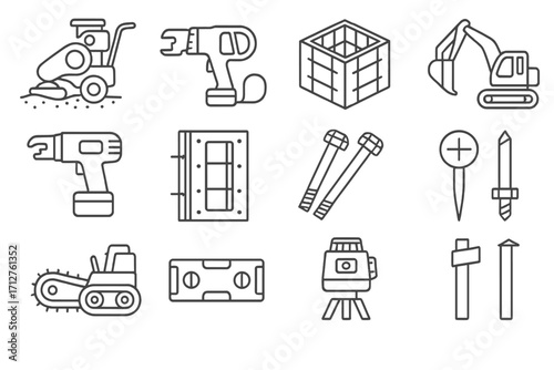 Foundation Tool Icons. Line style icons of foundation tools: soil compactor, rebar cutter, footing form, excavator bucket, rebar