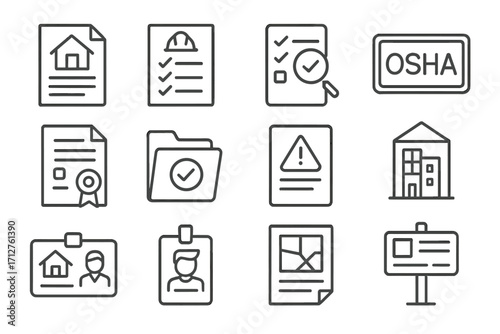 Construction Permit Icons. Line style icons of construction permit and legal icons: permit paper, safety audit sheet, inspection