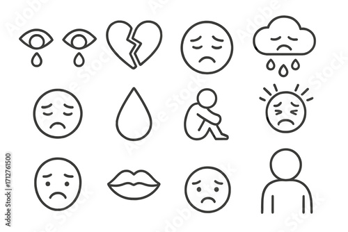 Negative Emotion Icons. Line style icons of negative feelings: crying eyes, broken heart, depressed face, sad cloud icon, rejected