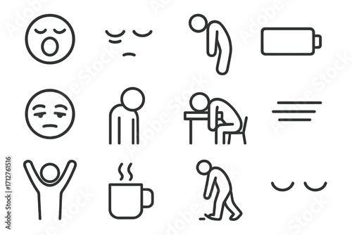 Icons of Exhaustion. Line style icons of tiredness and exhaustion: yawning face, sleepy eyes, slouched figure, empty battery, eye