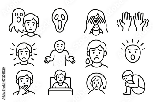 Fear and Anxiety Icons. Line style icons of fear and anxiety: ghost behind, screaming face, hiding eyes, trembling hands, fear