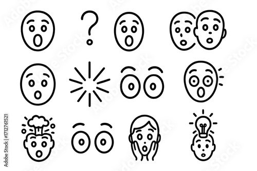 Surprise and Awe Icons. Line style icons of surprise and awe: dropped jaw, wide eyes, floating question mark, open mouth icon,