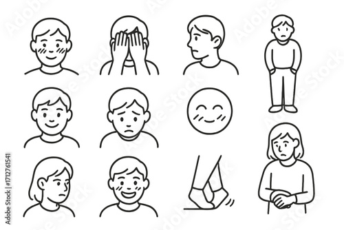 Icons of Shyness. Line style icons of embarrassment and shyness: red cheeks, hiding face, looking away, hands in pockets, shy