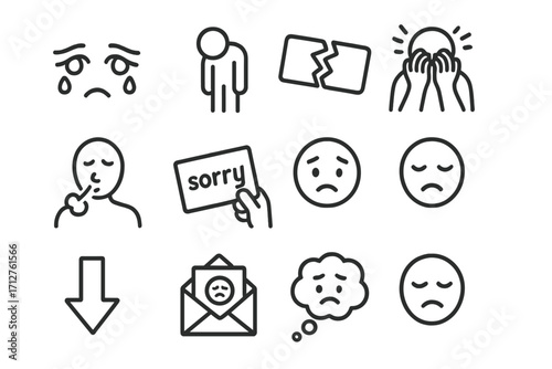 Regretful Icons Collection. Line style icons of disappointment and regret: tearful eyes, slumped shoulders, broken item icon, head