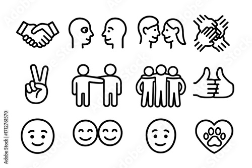 Icons of Trust. Line style icons of trust and connection: handshake icon, eye contact, mutual smile, unity hands, peace gesture,