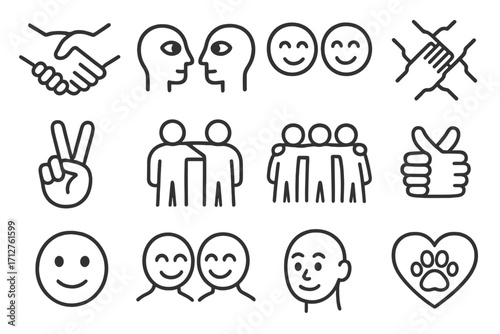 Icons of Trust. Line style icons of trust and connection: handshake icon, eye contact, mutual smile, unity hands, peace gesture,