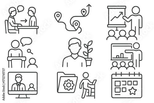 Business Coaching Icons. Line style icons of business coaching: mentor session, success path, coaching board, motivational speech,