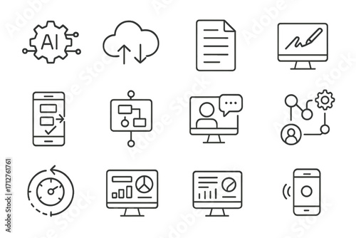 Digital Transformation Icons. Line style icons of digital transformation: AI gear, cloud integration, paperless document, digital