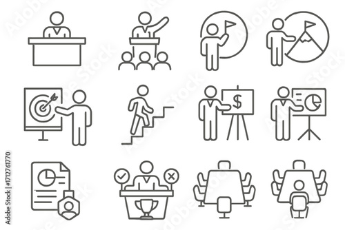 Executive Leadership Icons. Line style icons of executive leadership: CEO desk, leadership speech, strategic vision, mission board