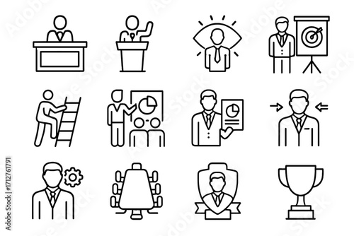 Executive Leadership Icons. Line style icons of executive leadership: CEO desk, leadership speech, strategic vision, mission board