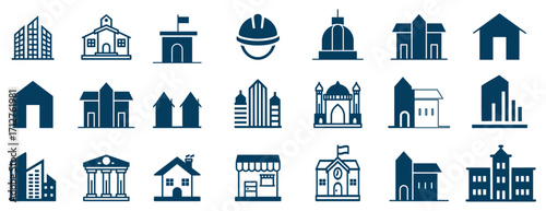 Building icon set. building, city, courthouse, hospital and more. vector icons collection.