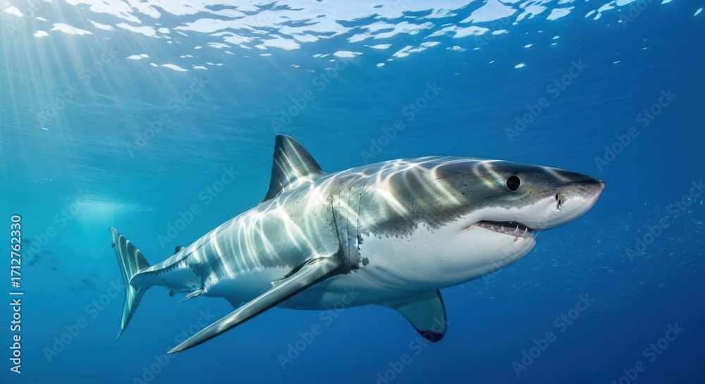Naklejka premium Magnificent Great White Shark Swimming Gracefully Underwater