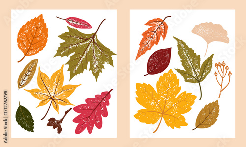 Set of Hand drawn linocut style posters with autumn leaves. Grunge illustration of different fall leaves. Vector background