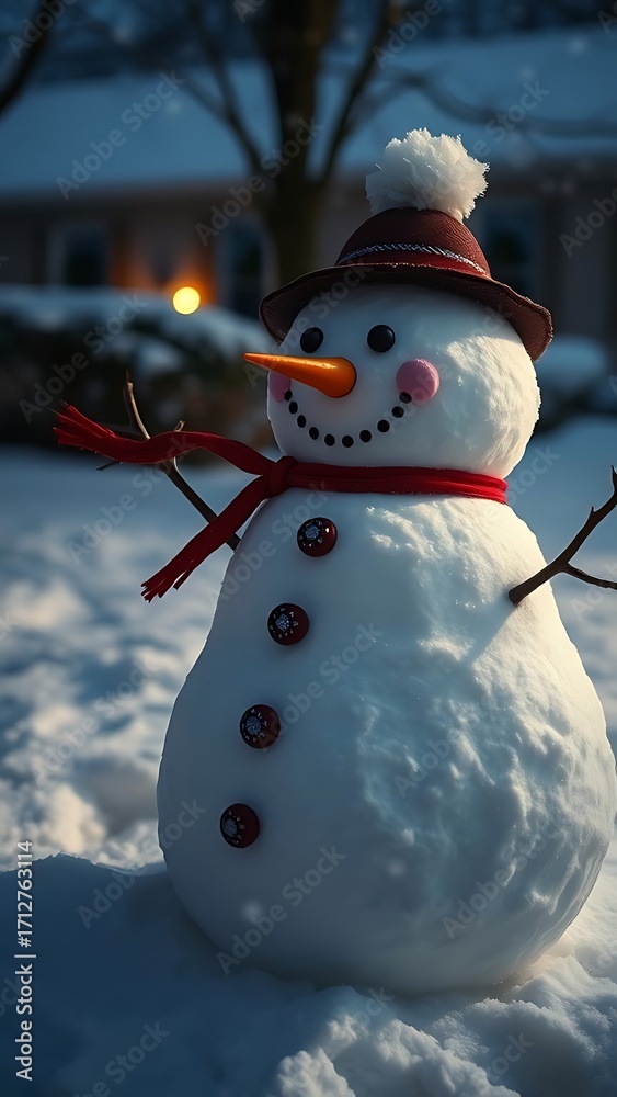 Obraz premium Festive Snowman: This jovial snowman is adorned with a charming hat, carrot nose, rosy cheeks, and a vibrant scarf, standing amidst a serene winter scene.