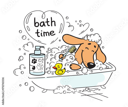 Cute cartoon dachshund taking a bath in a tub filled with bubbles, surrounded by soap, a rubber duck, and playful text “bath time” — perfect for pet care, grooming, or children’s illustrations.