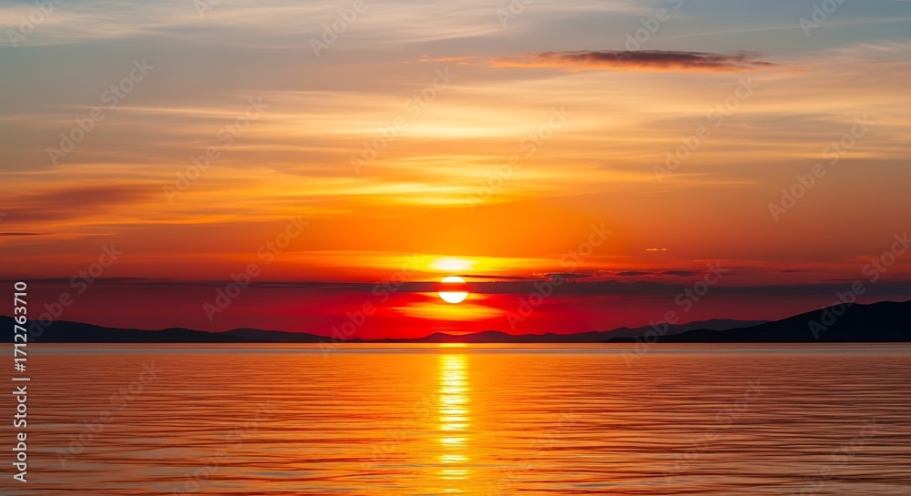 Fototapeta premium Vibrant Sunset Over Calm Water Landscape.