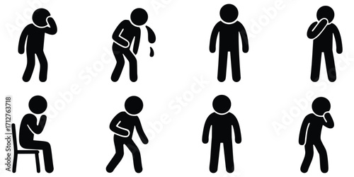 Stickman health and illness icons showing person with pain, headache, fatigue, coughing, and weakness in medical silhouette design
