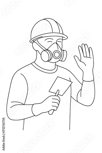 Plasterer in safety mask waving while holding trowel and smiling  