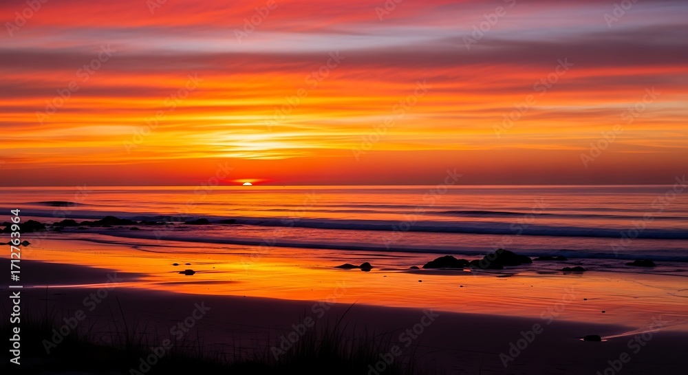 Fototapeta premium Vibrant Sunset Over Ocean Beach Landscape.