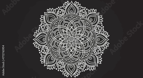 Elegant white mandala design on black background for spiritual wellness branding, inspiring meditation and yoga practices, promoting peace and harmony