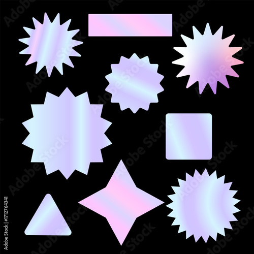 Set of holographic stickers and metallic foil tags. A collection of badges, labels in various shapes, and stamps with a rainbow effect.