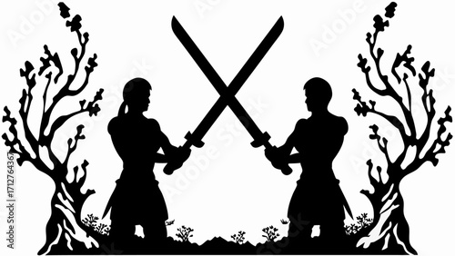 Silhouette of two warriors facing each other with crossed swords and trees on either side in black and white | editable eps vectors
