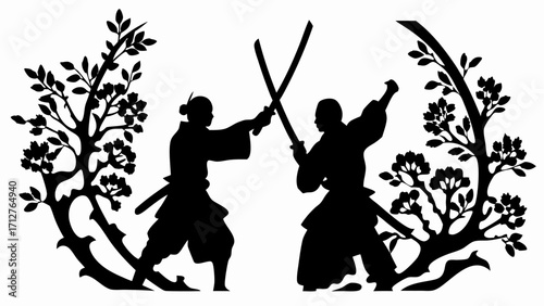 Silhouette of two samurai warriors engaged in a sword fight framed by flowering trees in black and white | editable eps vectors
