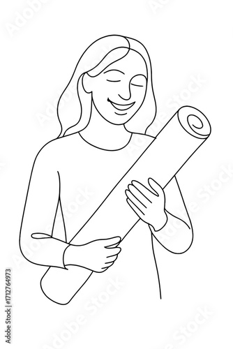 Woman smiling while holding a rolled wallpaper in her arms  