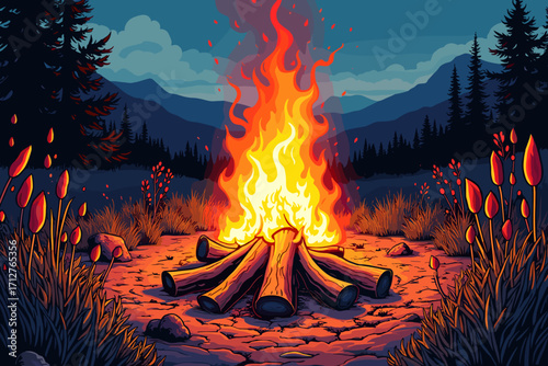 Spring equinox bonfire glowing brightly at dusk surrounded by mountains and nature