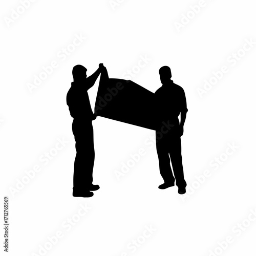 Silhouette of installers lifting sheet as a team isolated on white background