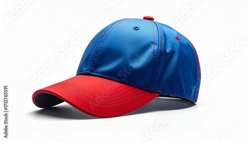 Wallpaper Mural two-tone baseball cap with blue front panel and red brim, structured design, visible stitching, smooth synthetic material, sporty fashion accessory, isolated product shot, minimal background Torontodigital.ca