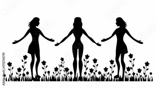 Three women silhouettes standing in a field of flowers with arms outstretched and facing forward view 100 | editable eps vectors