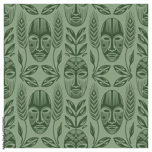A seamless tribal mask pattern featuring delicately detailed faces surrounded by leafy and botanical motifs on a muted green background. This design merges cultural symbolism with nature-inspired.