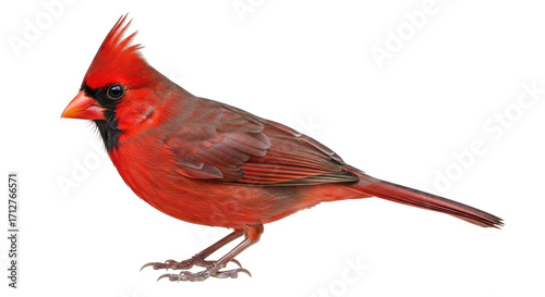 Isolated Cardinal perched with vibrant feathers showcasing a stunning red plumage pattern