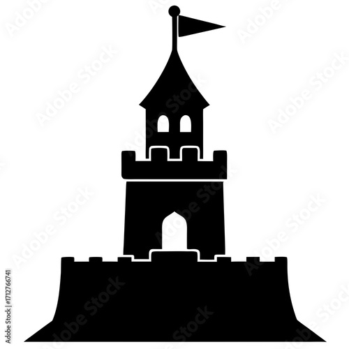 Black castle tower with flag silhouette medieval