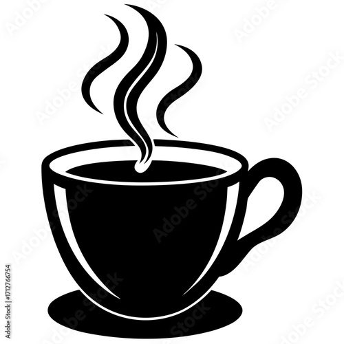 Black coffee cup rising steam hot beverage black and white