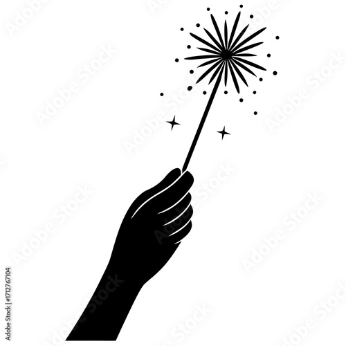 Black hand holding lit sparkler with stars vector