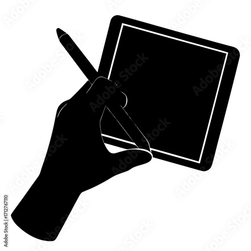 Black hand holding stylus and tablet drawing digital art