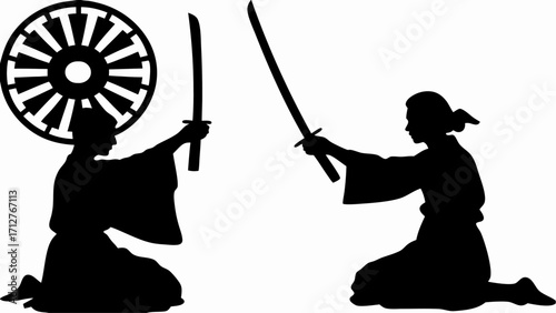 Two silhouetted figures kneeling and wielding swords facing each other with a sun wheel symbol behind | editable eps vectors