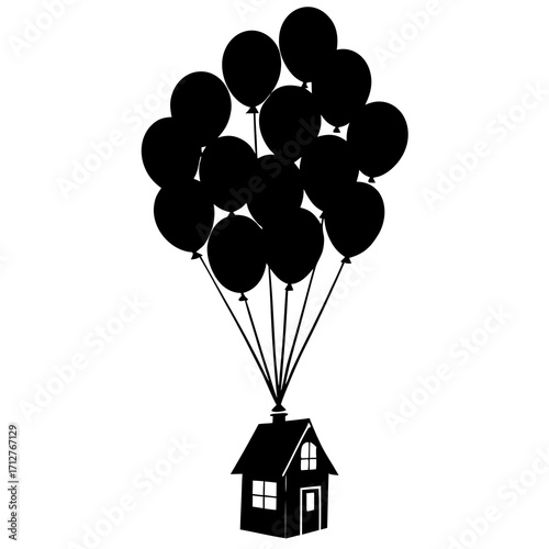 Black house lifted by balloons silhouette home