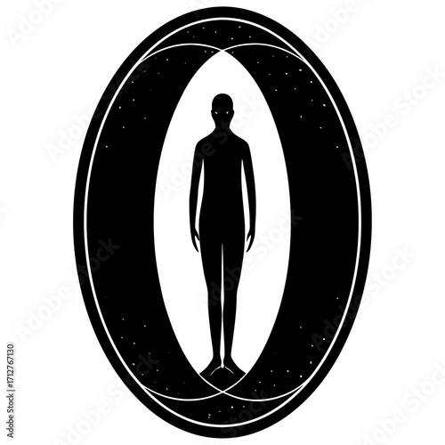 Black human silhouette within oval portal figure white