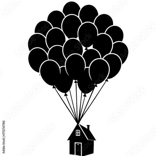 Black house lifted by balloons silhouette floating